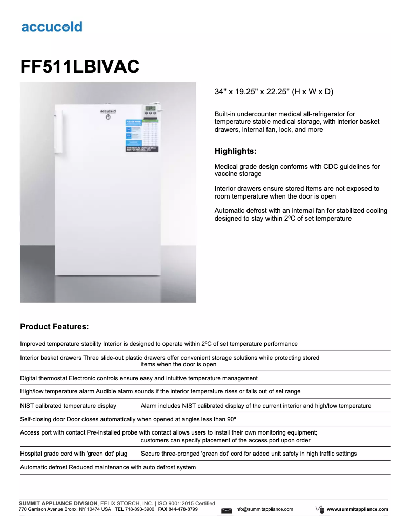 Page 1 de la notice Fiche technique Summit Accucold FF511LBIVAC