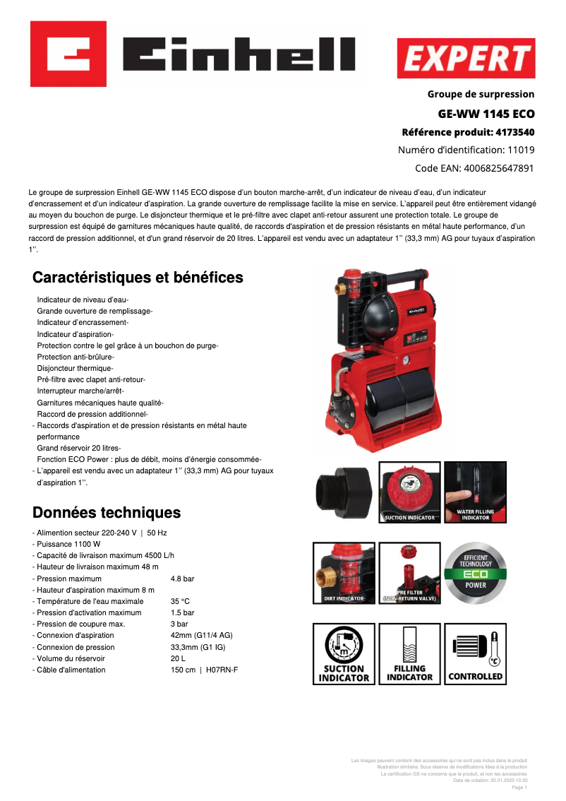 Page n°1 - Fiche technique Einhell GE-WW 1145 ECO