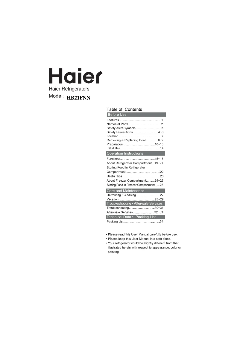 Image de la première page du manuel de l'appareil HB21FGWAA