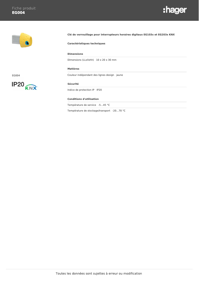 Page n°1 - Fiche technique Hager EG004