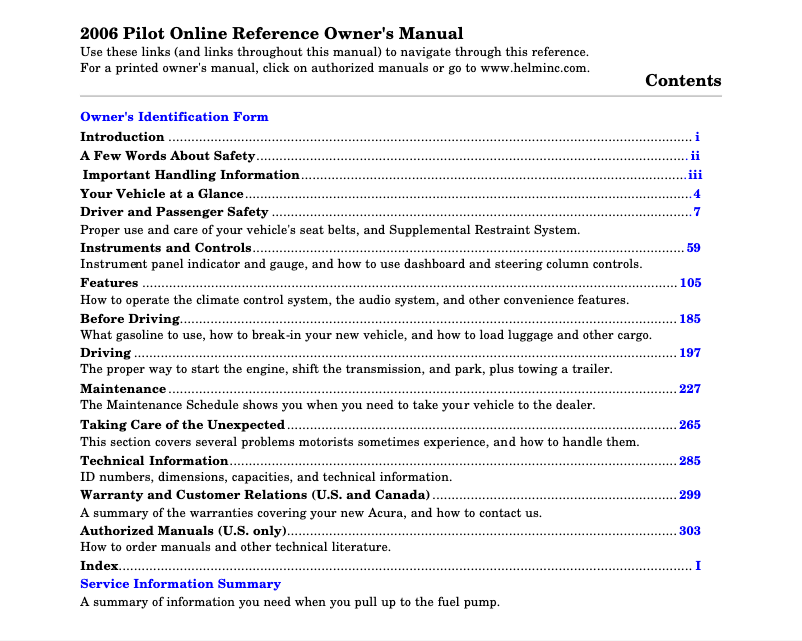 Page 1 de la notice Manuel utilisateur Honda Pilot (2006)
