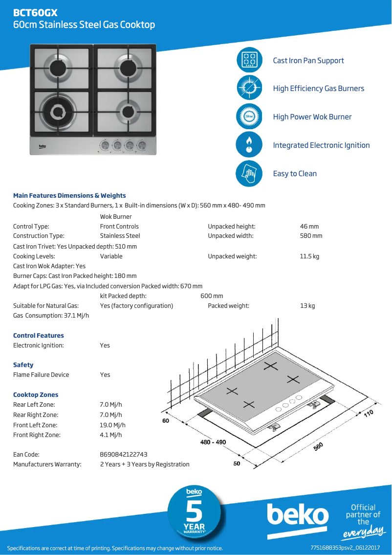 Page 1 de la notice Fiche technique Beko BCT60GX