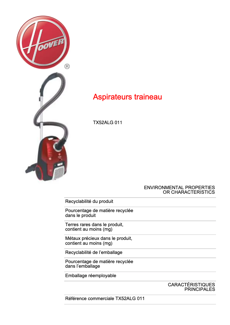 Page n°1 - Fiche technique Hoover TX52ALG 011