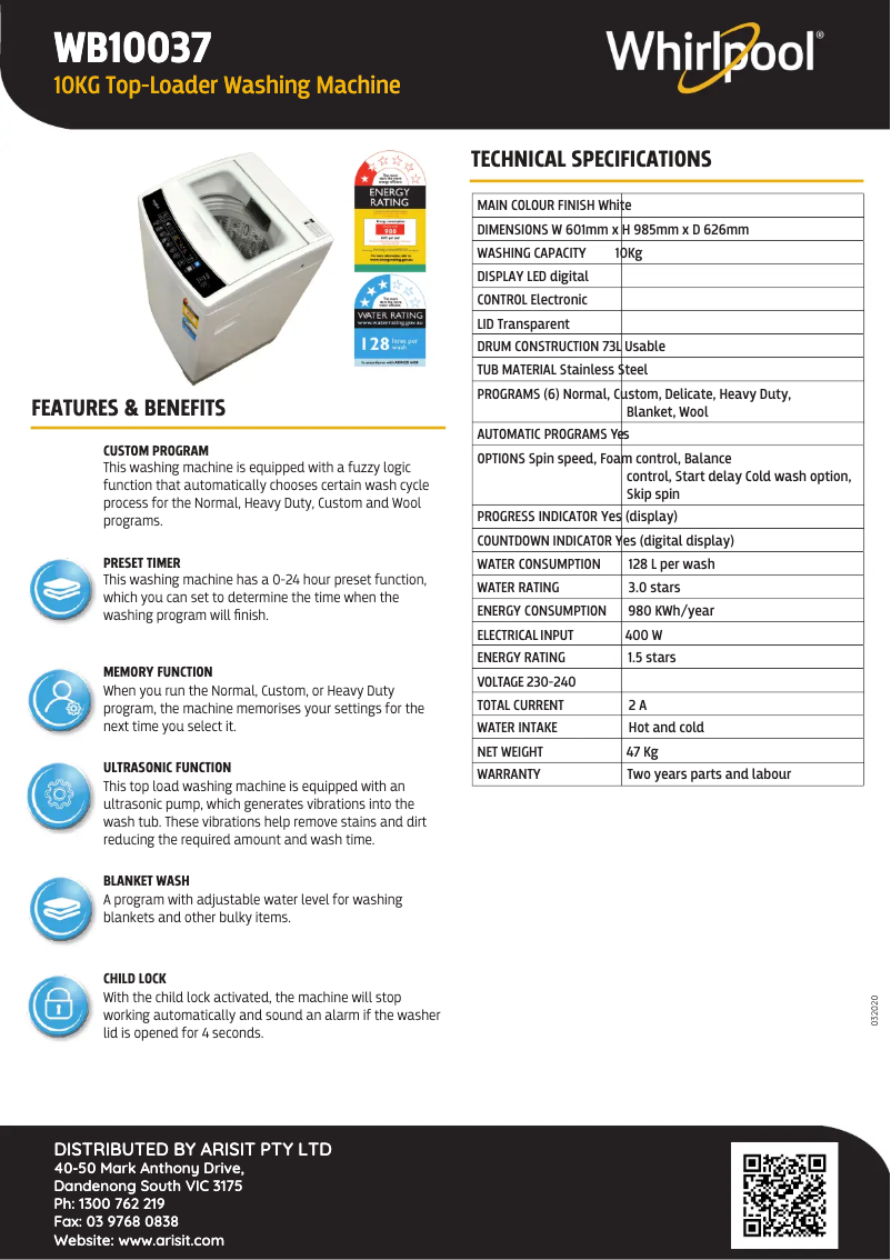 Page n°1 - Fiche technique Whirlpool WB10037