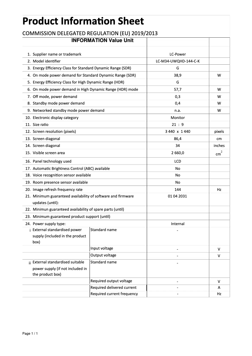 Page 1 de la notice Fiche technique LC-Power LC-M34-UWQHD-144-C-K