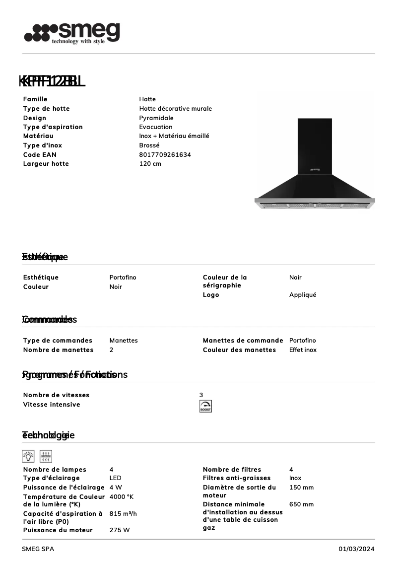 Page 1 de la notice Fiche technique Smeg KPF12BL