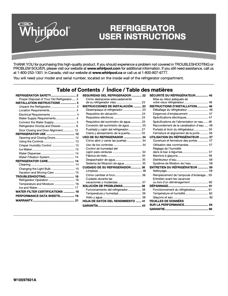 Page 1 de la notice Manuel d'utilisation et d'entretien Whirlpool WRB322DMBB
