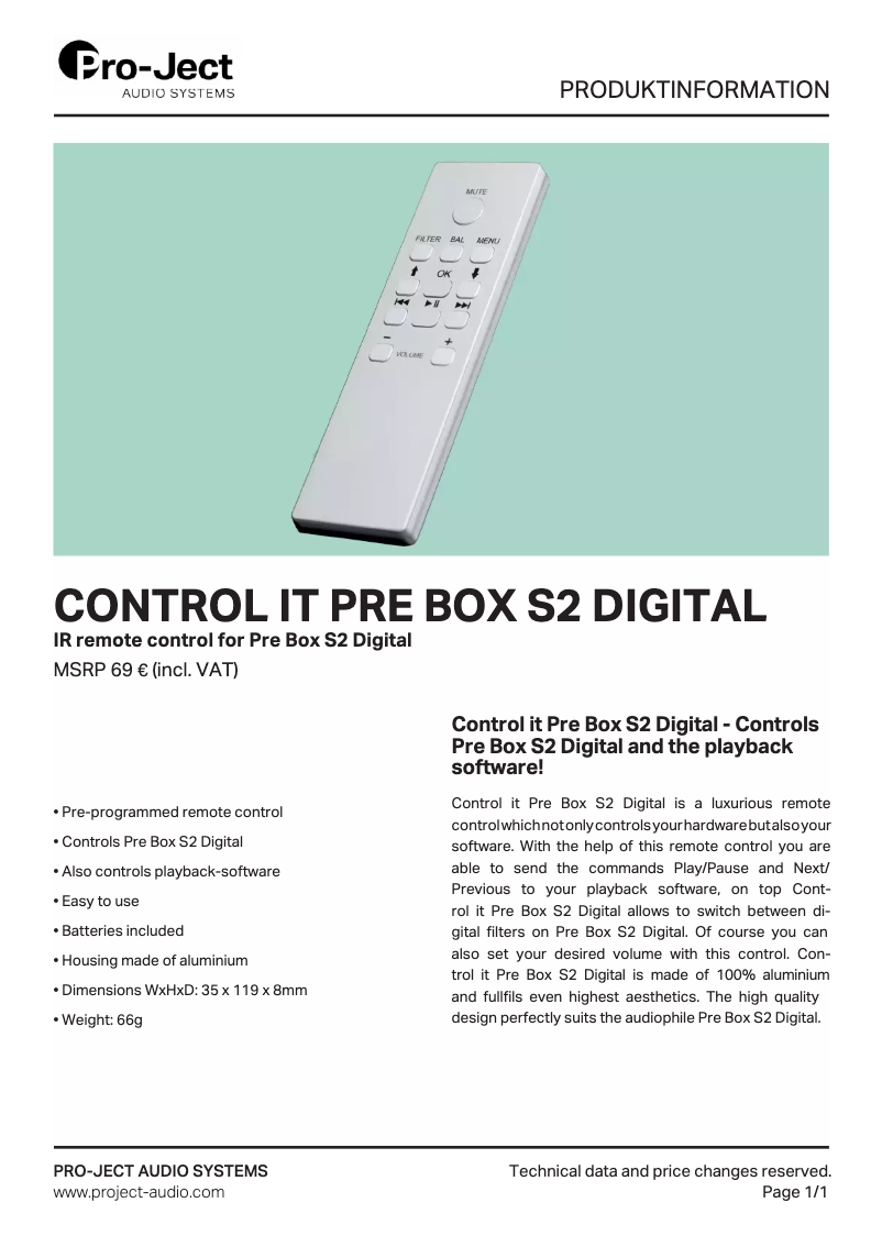 Page 1 de la notice Manuel utilisateur Pro-Ject Control it Pre Box S2 Digital
