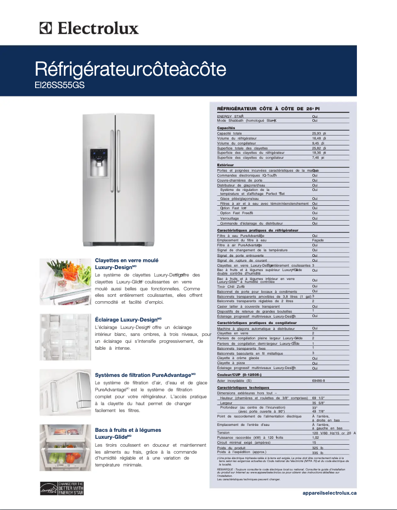 Page 1 de la notice Fiche technique Electrolux EI26SS55GW