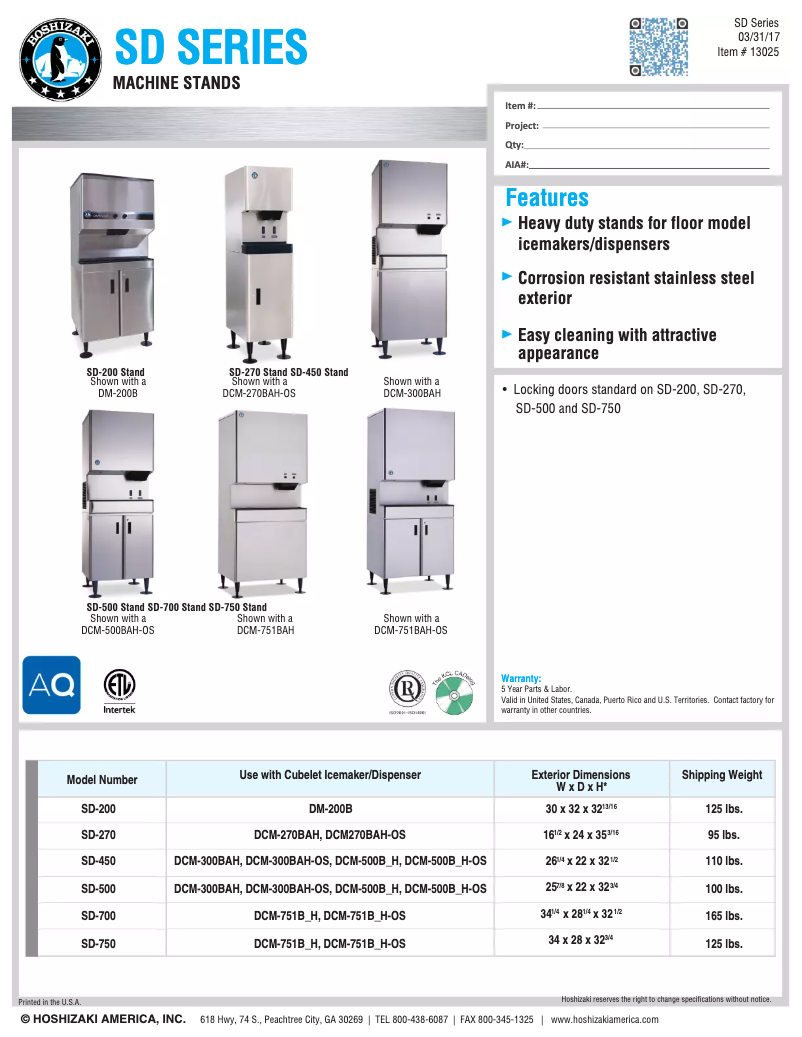 Page n°1 - Fiche technique Hoshizaki SD-750