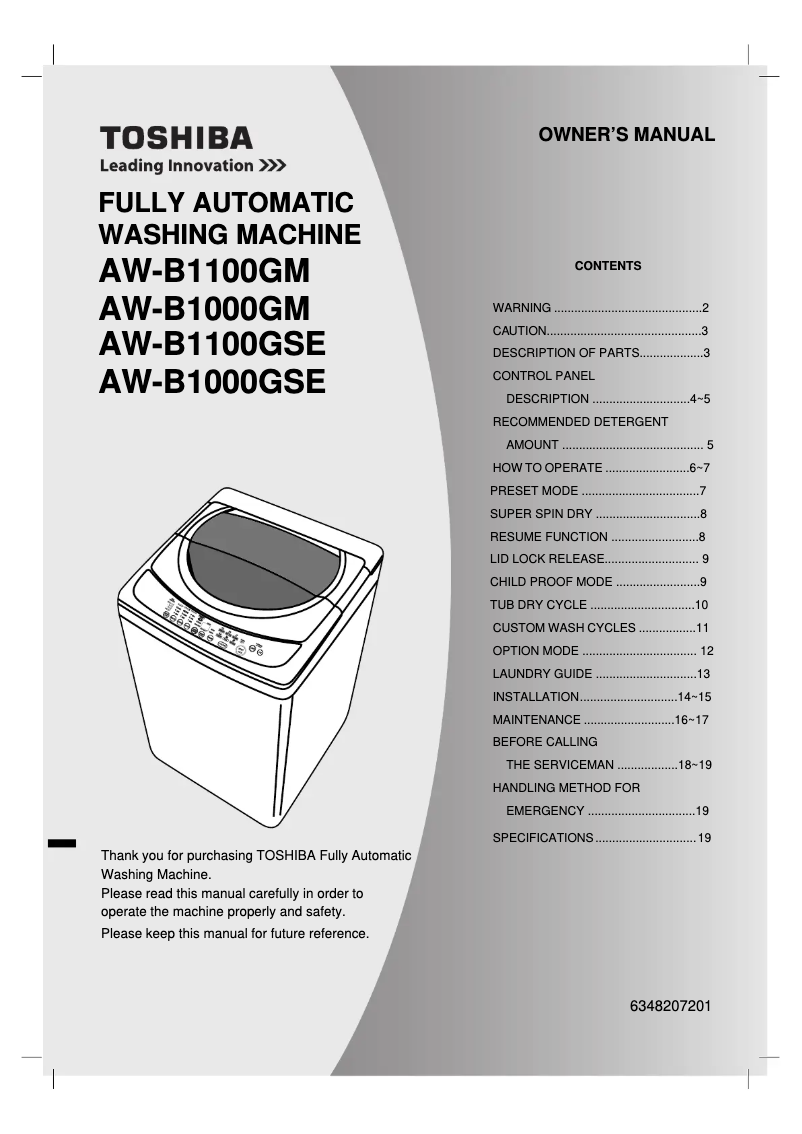Page n°1 - Manuel utilisateur Toshiba AW-B1100GSE