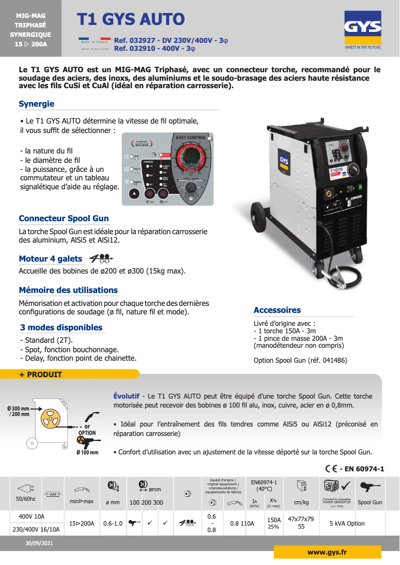 Page 1 de la notice Fiche technique GYS T1 GYS Auto