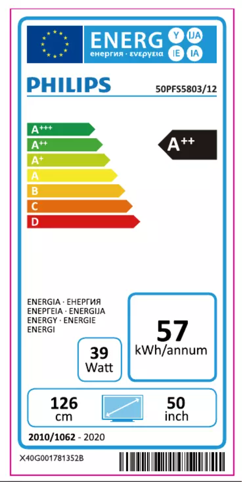 Page 1 de la notice Label énergétique Philips 50PFS5803