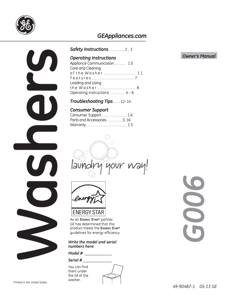 Page n°1 - Manuel d'utilisation et d'entretien GE GHWN8350DWS