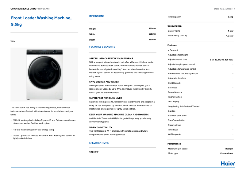 Page 1 de la notice Label énergétique Haier HWF95AN1