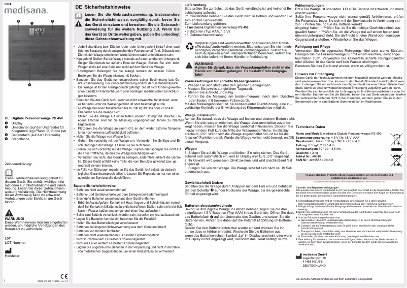 Page n°1 - Manuel utilisateur Medisana PS 450