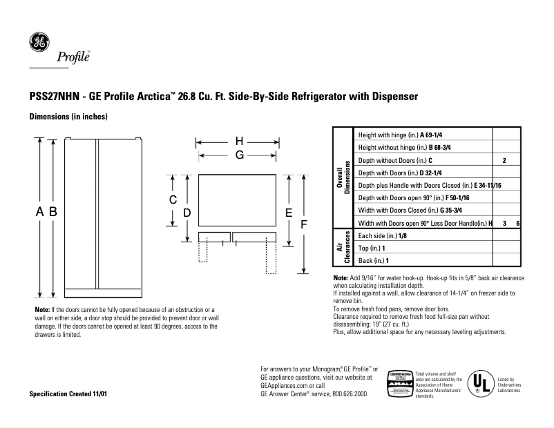 Page 1 de la notice Fiche technique GE PSS27NHNCC