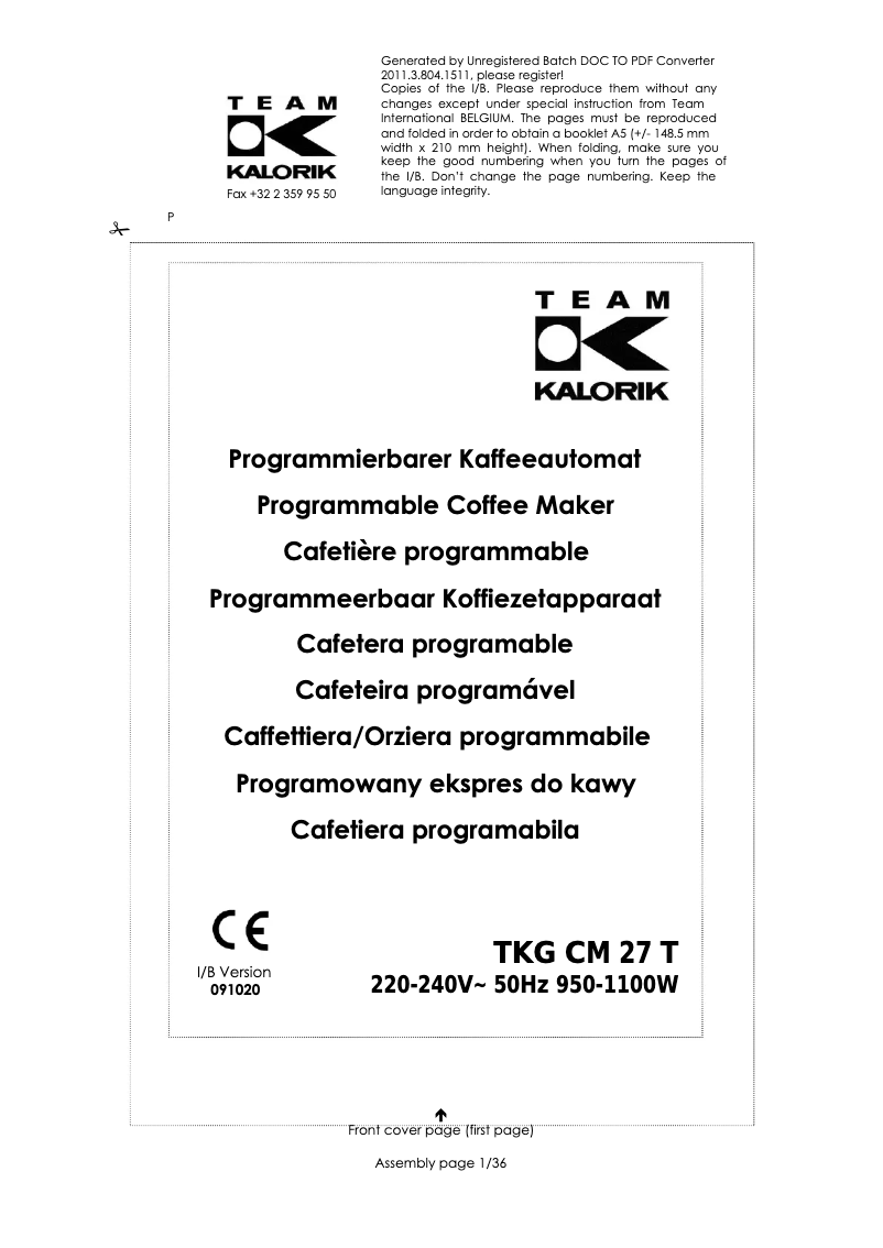 Page 1 de la notice Manuel utilisateur Kalorik TKG CM 27 T