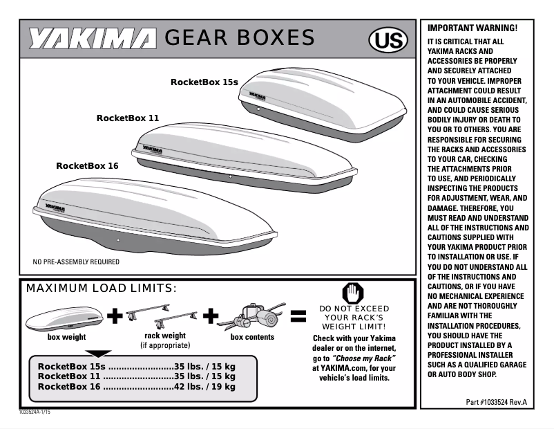 Page n°1 - Manuel utilisateur Yakima RocketBox 11