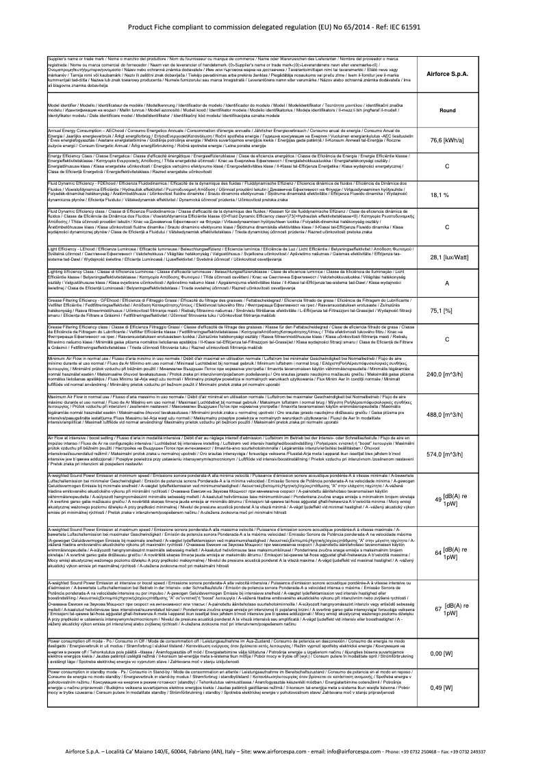 Page 1 de la notice Fiche technique Airforce Round
