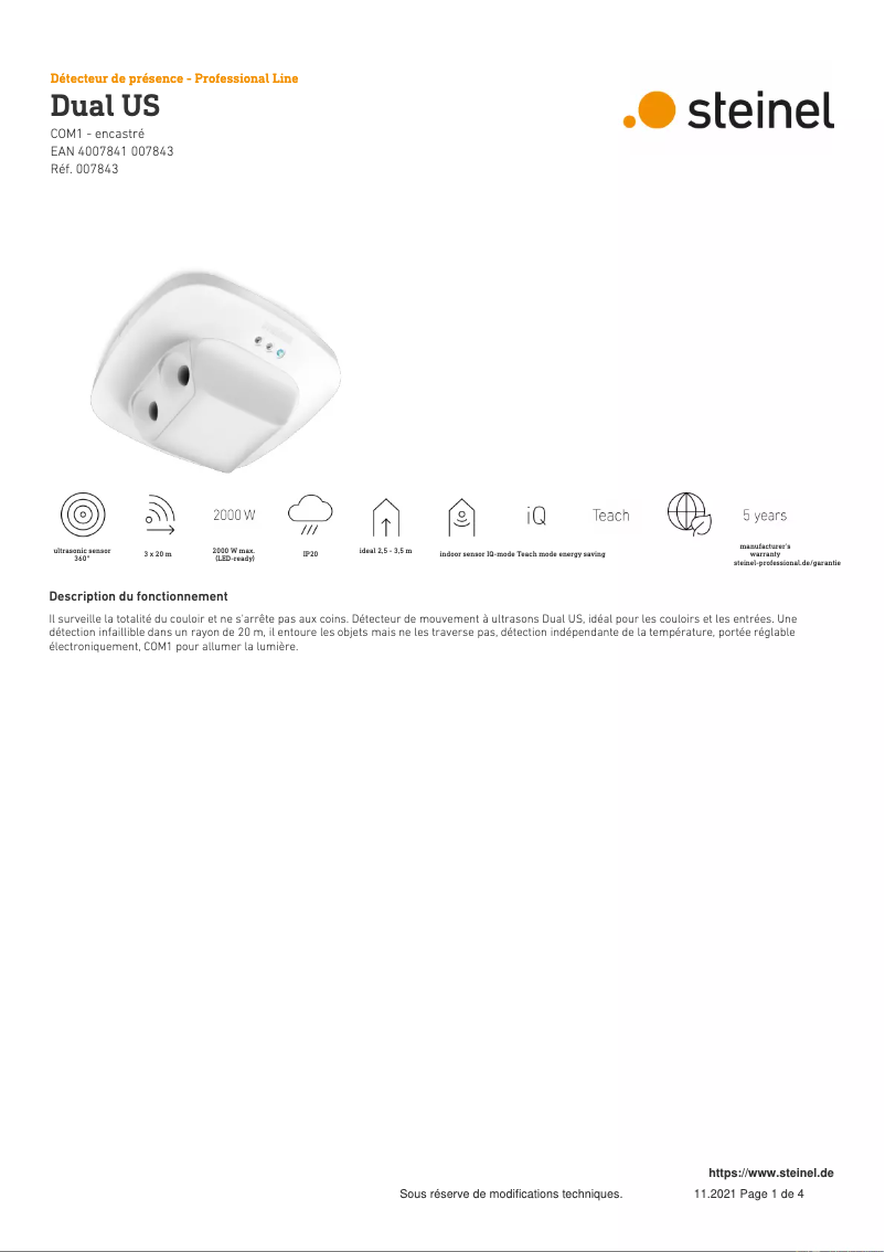 Page 1 de la notice Fiche technique Steinel Dual US COM1