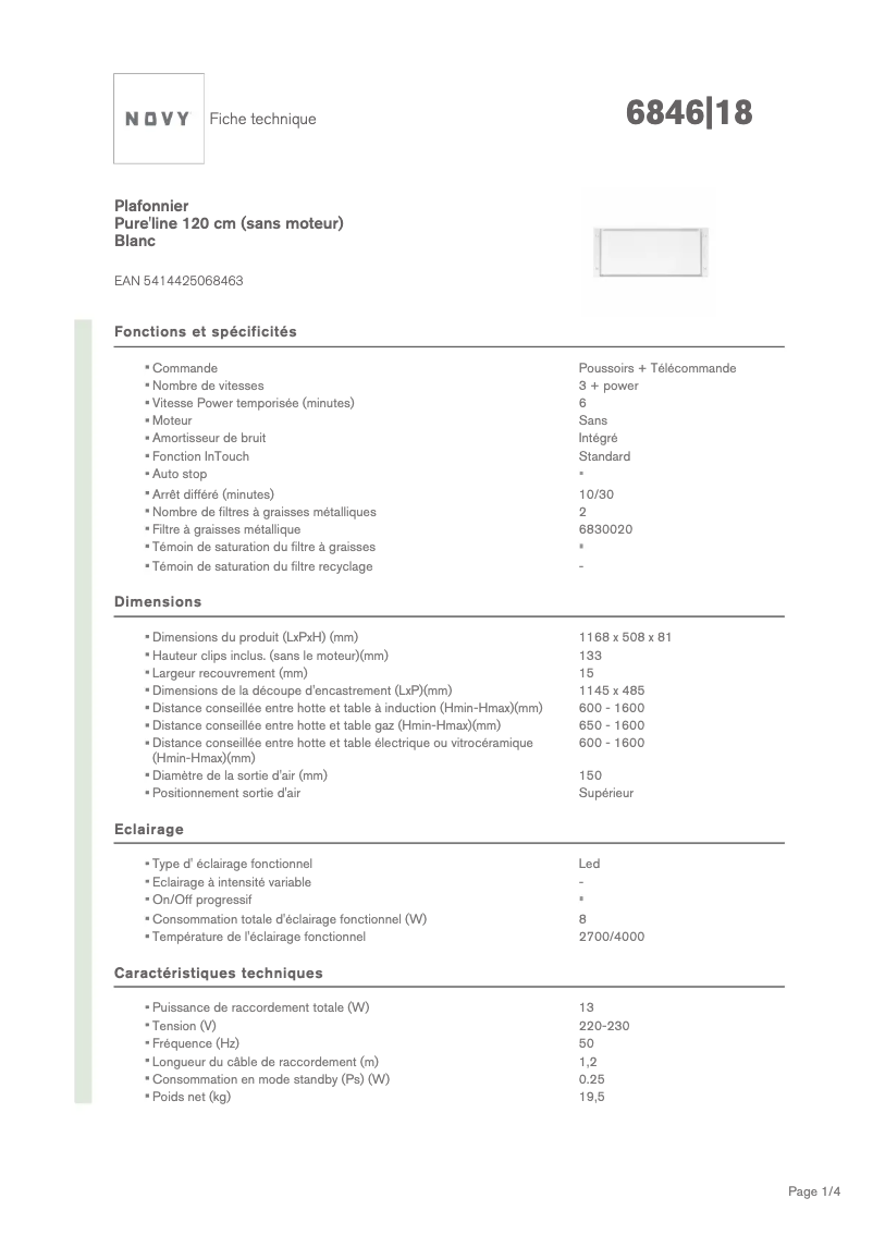 Page 1 de la notice Fiche technique Novy Pure'line 6846