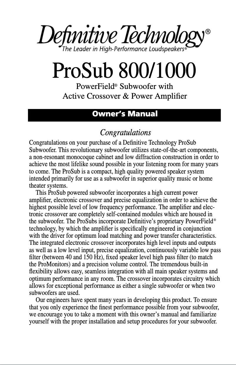 Page 1 de la notice Manuel utilisateur Definitive Technology ProSub 1000