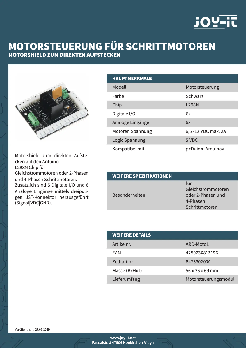 Página 1 del manual Ficha técnica Joy-It Moto1
