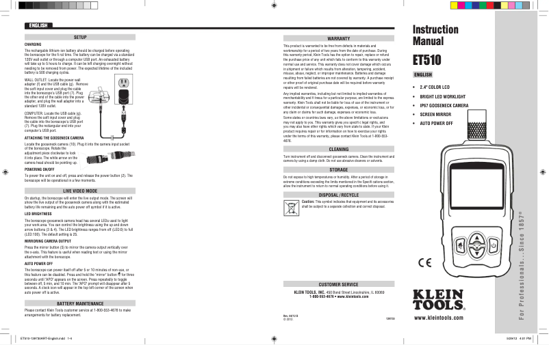 Page 1 de la notice Manuel utilisateur Klein Tools ET510