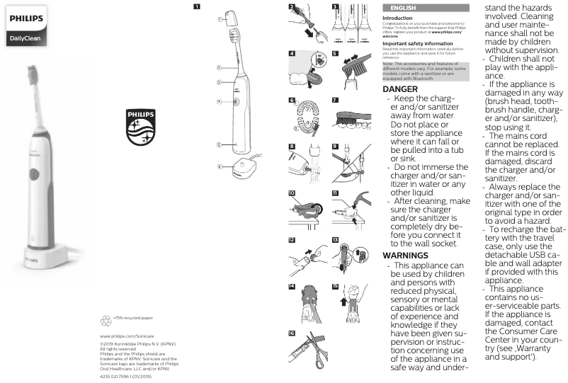 Imagen de la primera página del manual del dispositivo Sonicare CleanCare+ HX3212