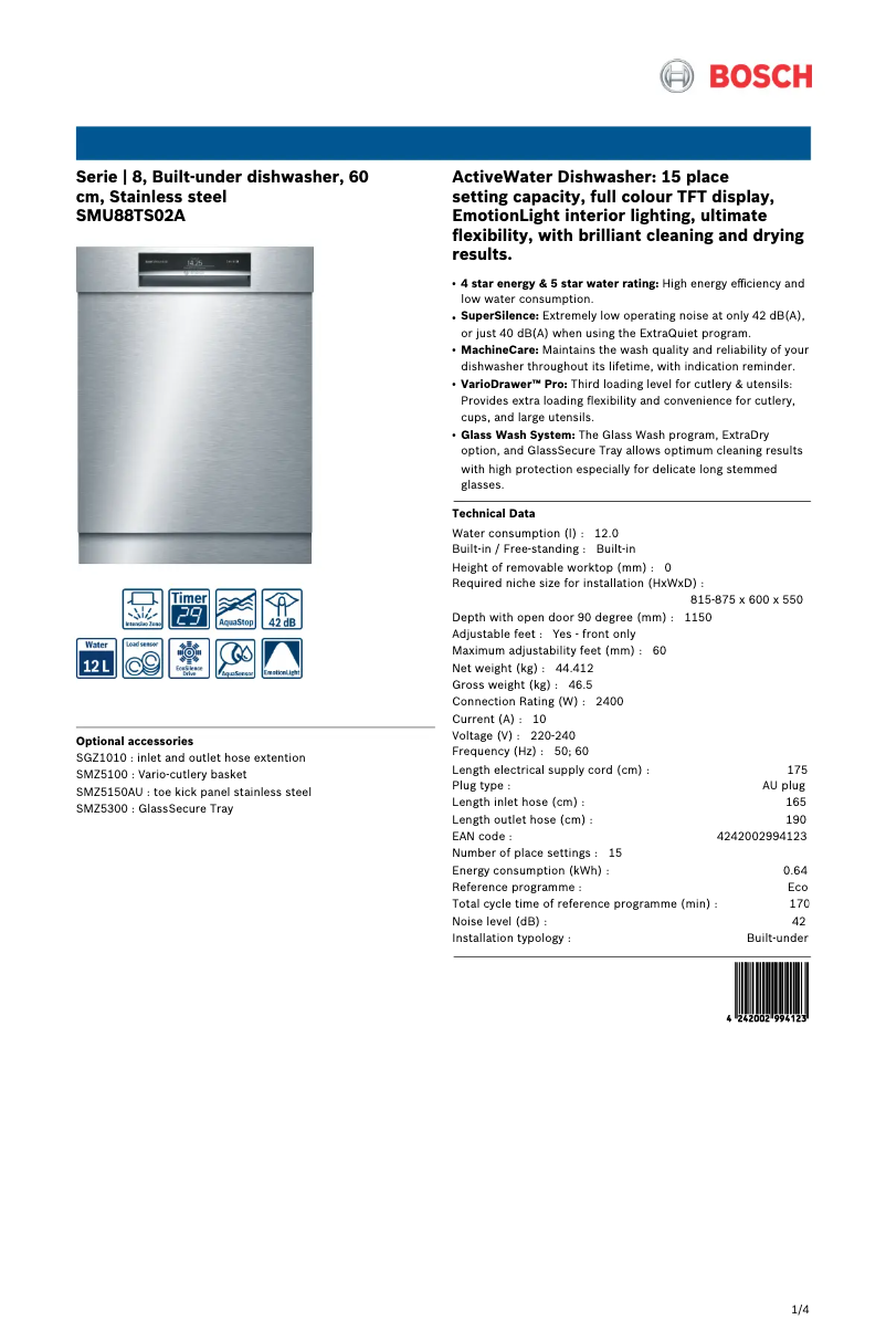 Página 1 del manual Ficha técnica Bosch SMU88TS02A