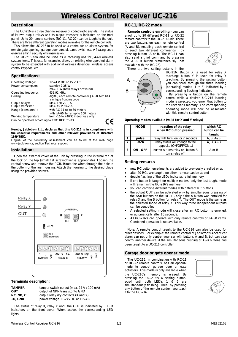 Page 1 de la notice Manuel utilisateur Joblotron UC-216