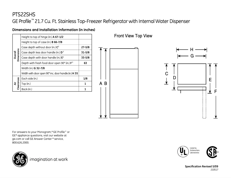 Page 1 de la notice Fiche technique GE PTS22SHSSS