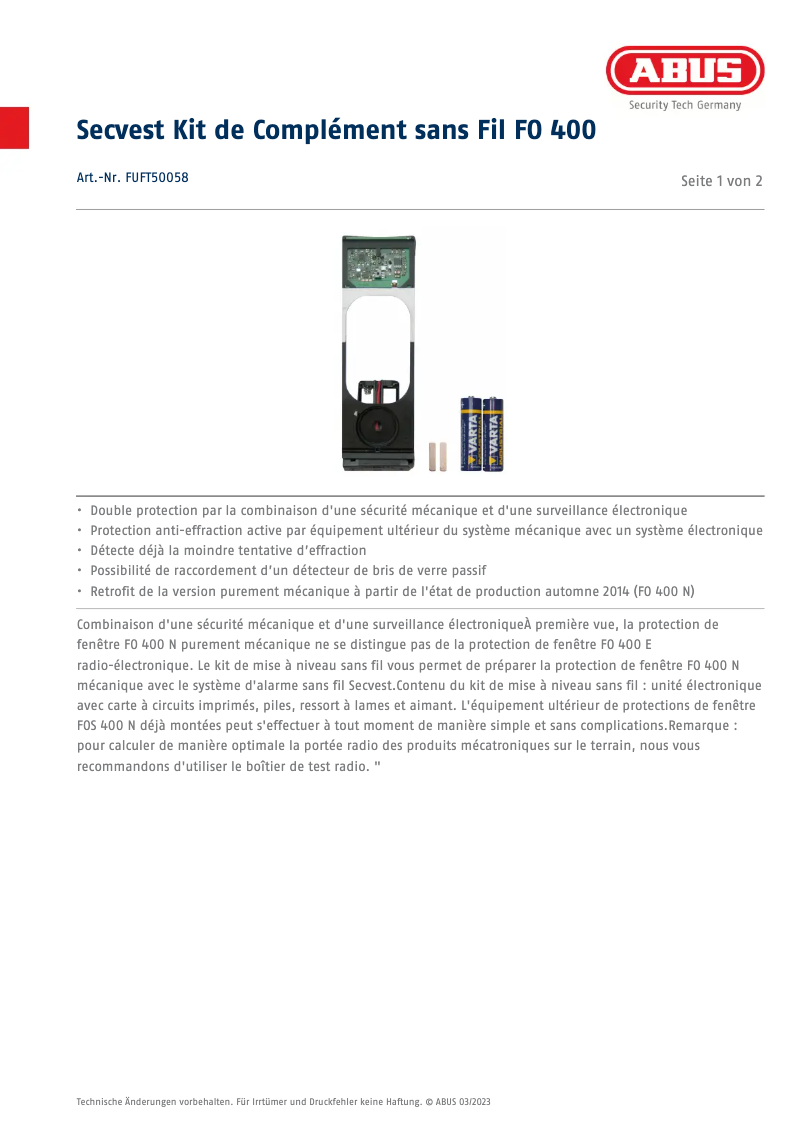Page n°1 - Fiche technique Abus FUFT50058