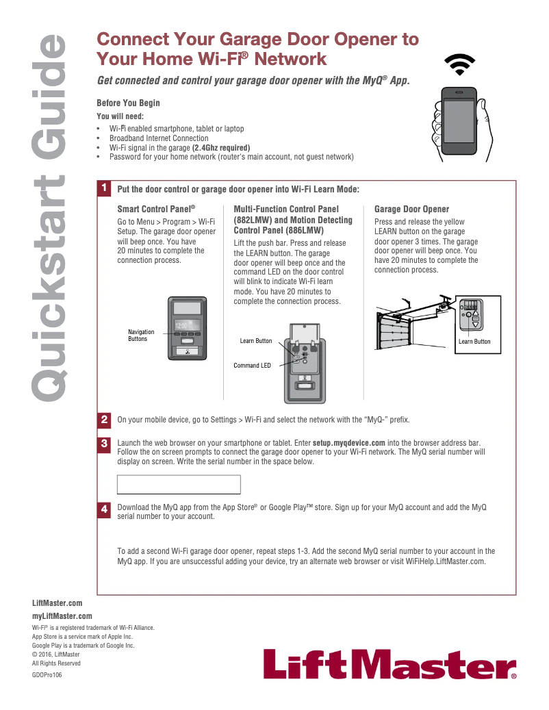 Page n°1 - Guide de démarrage rapide LiftMaster 886LMW