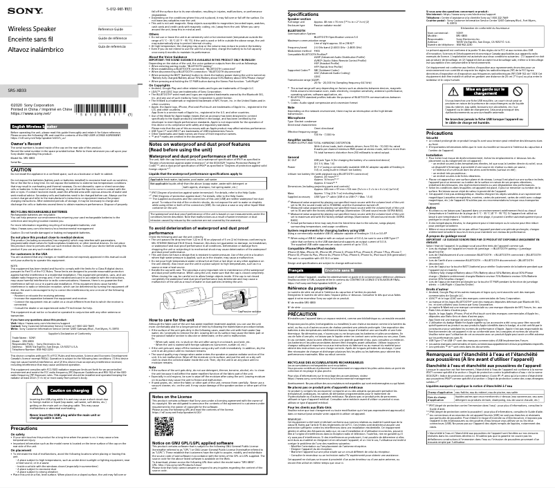 Image de la première page du manuel de l'appareil SRS-XB33