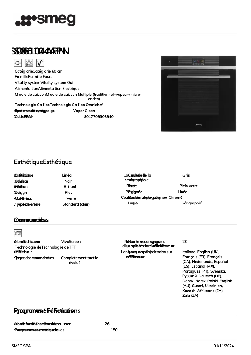 Page 1 de la notice Fiche technique Smeg SO6104APN