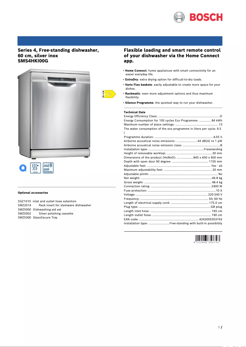 Page 1 de la notice Fiche technique Bosch SMS4HKI00G