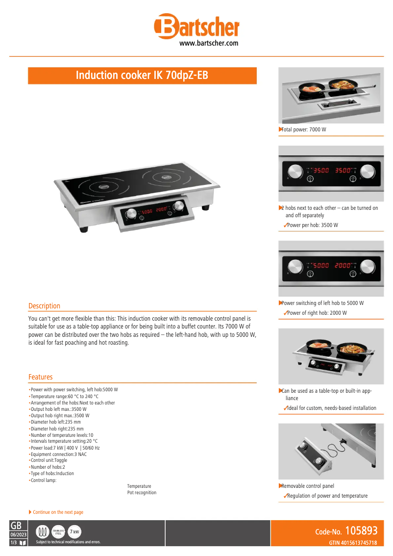 Page 1 de la notice Fiche technique Bartscher IK 70dpZ-EB