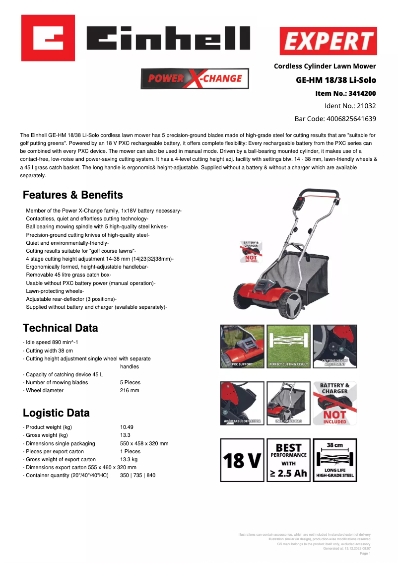 Page n°1 - Fiche technique Einhell GE-HM 18/38 Li-Solo