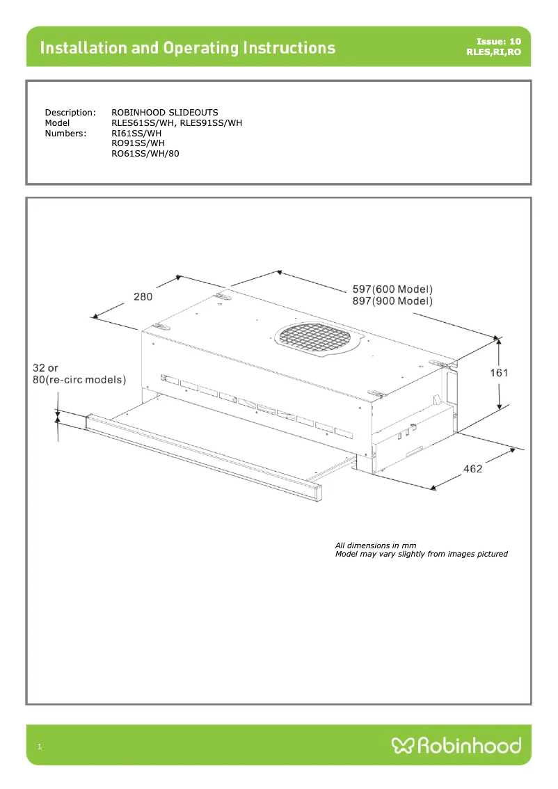 Page 1 de la notice Guide d'installation Robinhood RLES91SS/WH