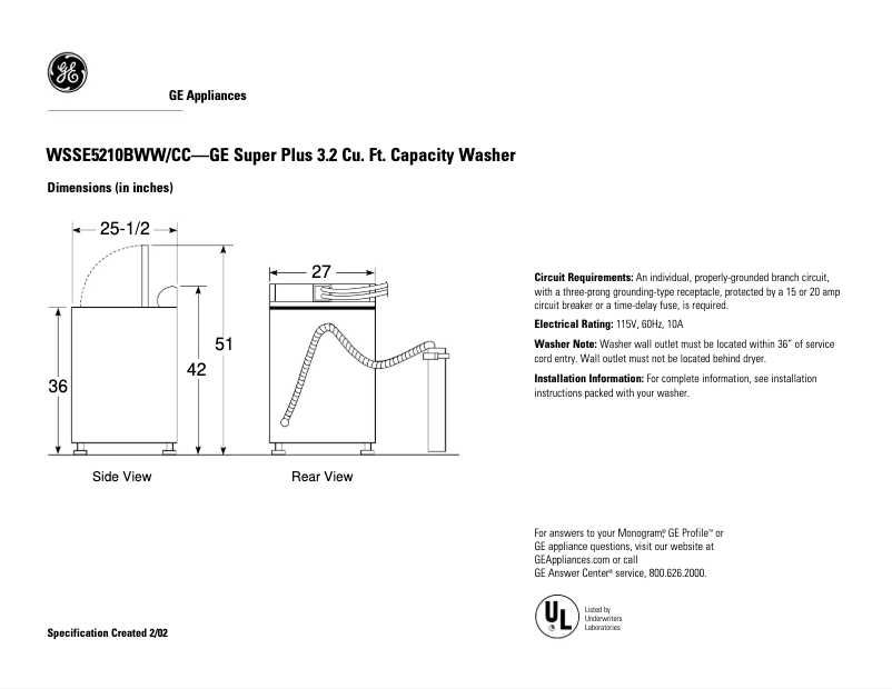 Page 1 de la notice Fiche technique GE WSSE5210BWW