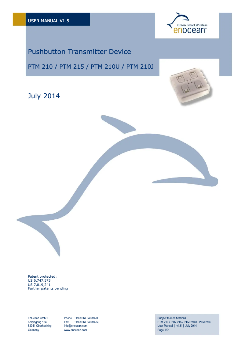 Page 1 de la notice Manuel utilisateur EnOcean PTM 215