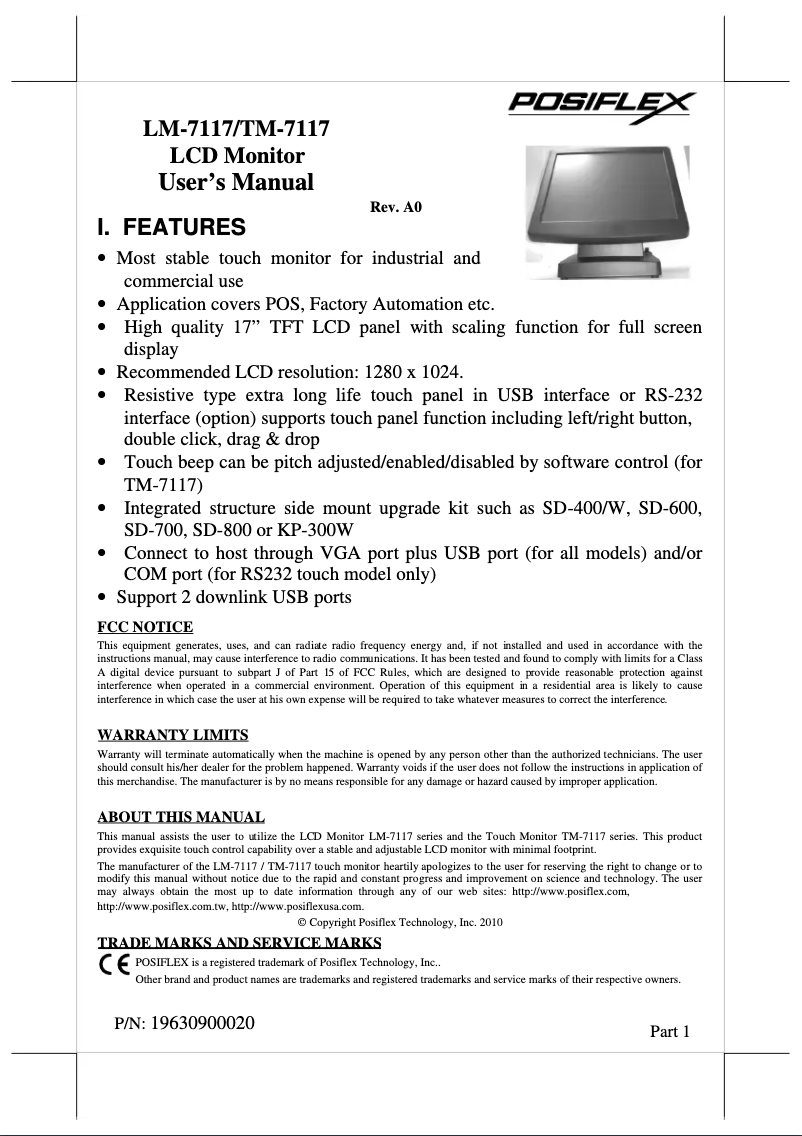 Page 1 de la notice Manuel utilisateur Posiflex TM-7117