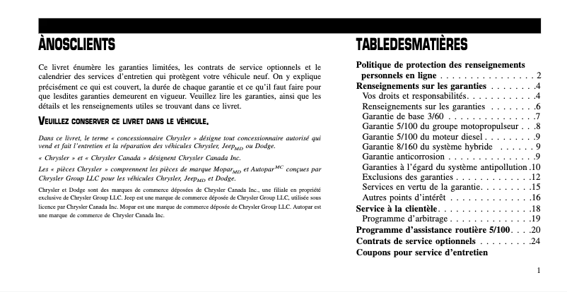 Page 1 de la notice Manuel utilisateur Chrysler Sebring (2011)