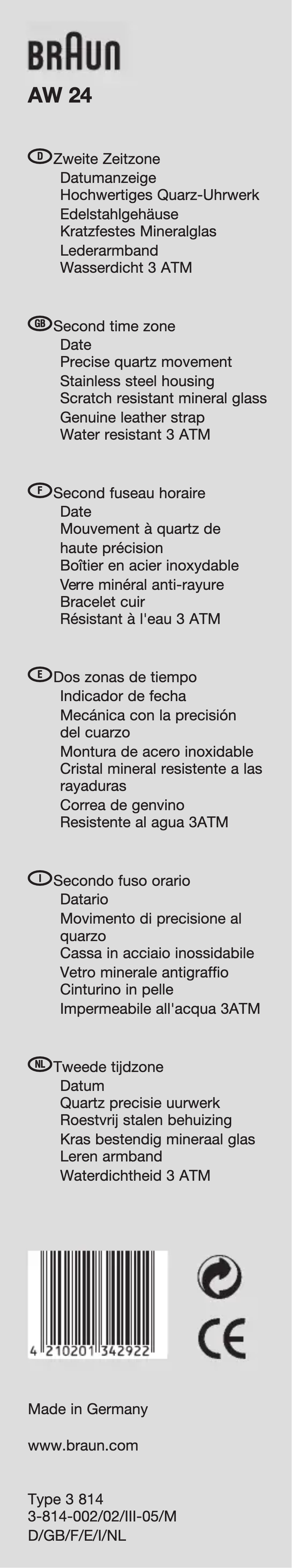 Page 1 de la notice Manuel utilisateur Braun AW24