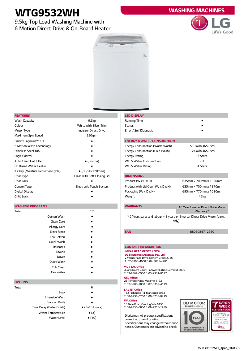 Page 1 de la notice Fiche technique LG WTG9532WH