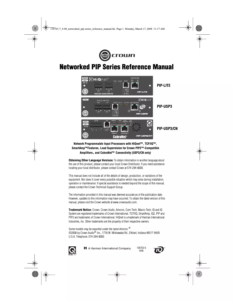 Page 1 de la notice Manuel utilisateur Crown PIP-Lite