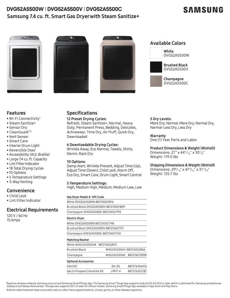 Page 1 de la notice Fiche technique Samsung DVG52A5500C