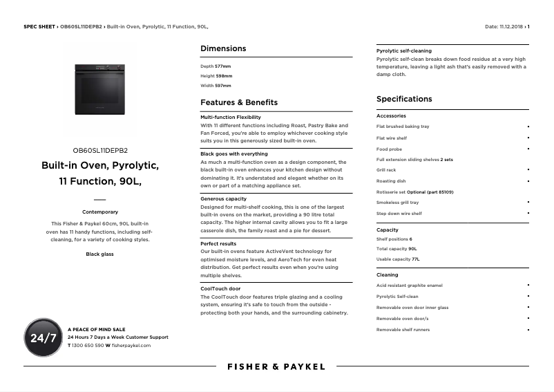 Page 1 de la notice Fiche technique Fisher & Paykel OB60SL11DEPB2